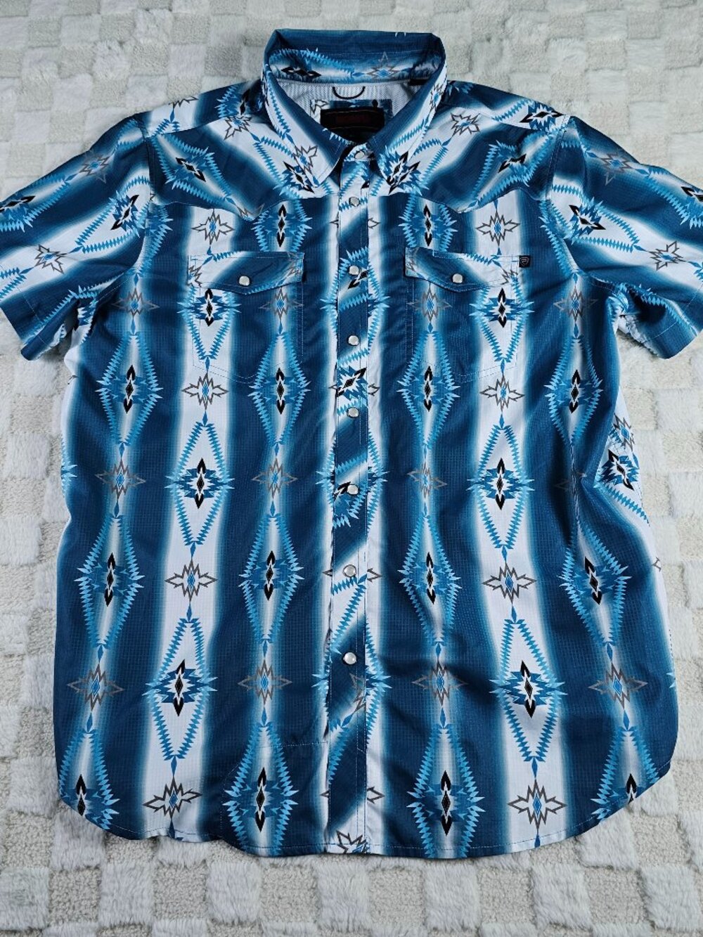 Rock Roll Denim Aztec Shirt Mens XL Blue Western Pearl Snap Short Sleeve TEK